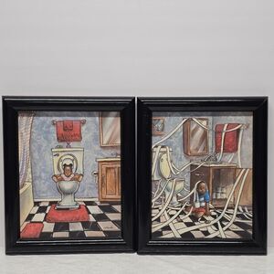 R. Woodrum Afro American Painting Art Lithograph On Canvas Kids In Bathroom Set
